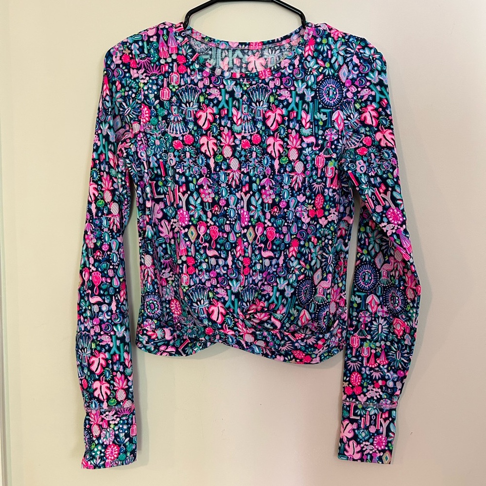Lilly Pulitzer Luxletic women’s long sleeve top size XS navy pink flamingo leaf